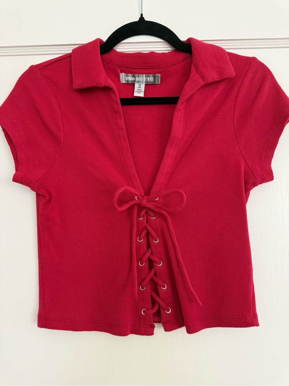 Urban Outfitters Red Lace-Up Ribbed Polo Top